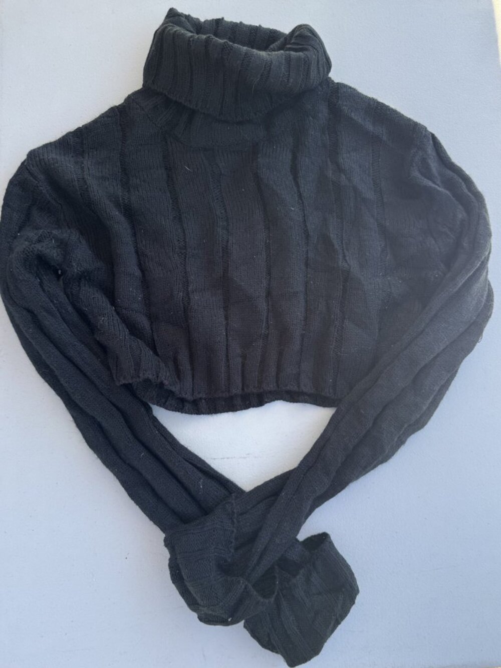 Blush Black Cropped Knit Turtleneck Sweater with Long Tie Detail